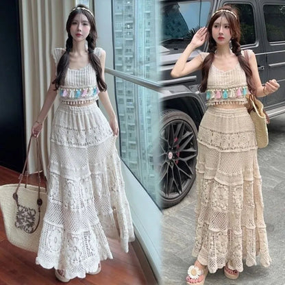 Korean Skirts Gentle Heavy Industry French Hollow Out Hook Flower Design Knit Skirt Aline Skirt