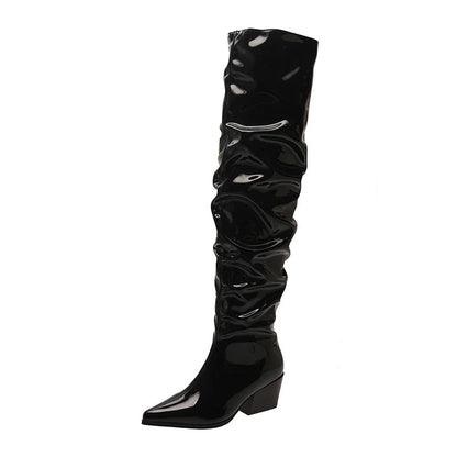 Winter Pleated Over the Knee High Boots Slip on Long Booties Autumn Thick Heel Shoes