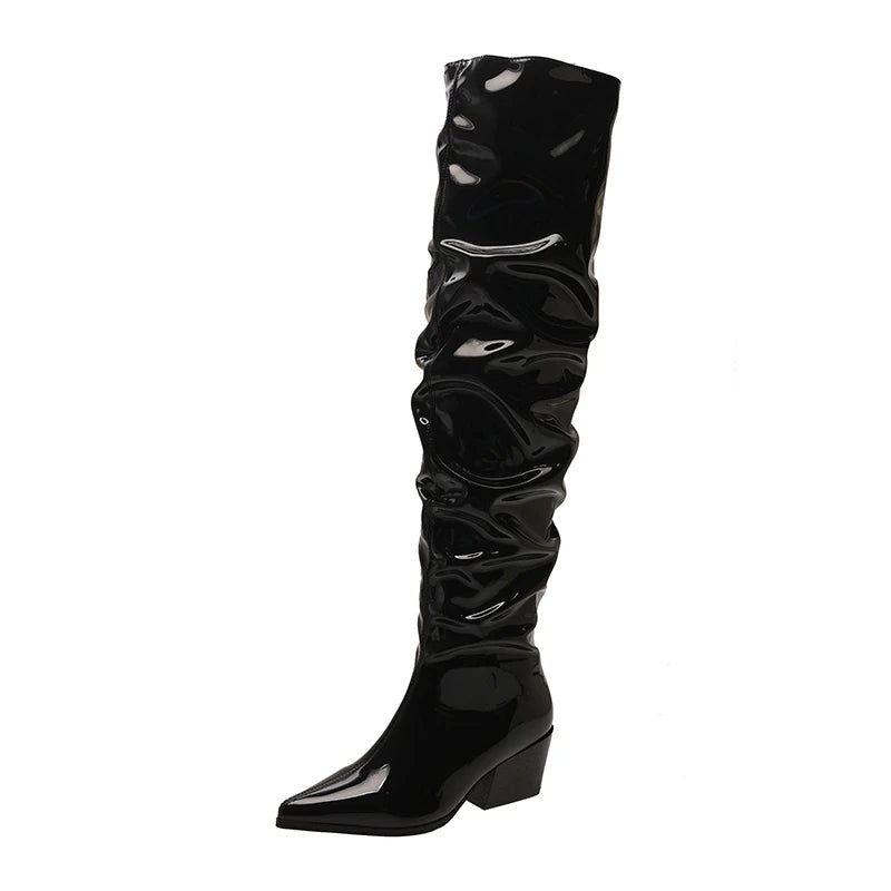 Winter Pleated Over the Knee High Boots Slip on Long Booties Autumn Thick Heel Shoes