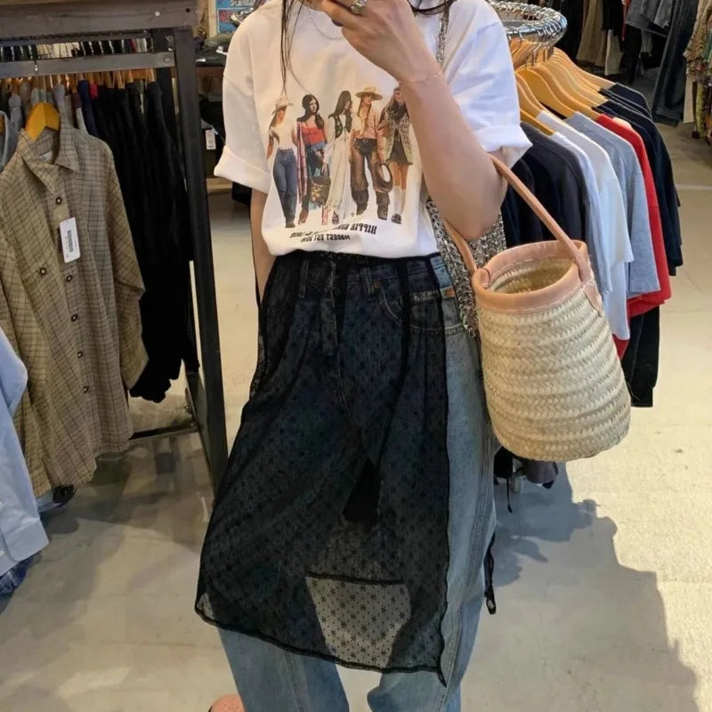 Korean Retro Lace Splicing Seethrough Aline Skirt Spring New High Waist Laceup Color Kneelength Skirt