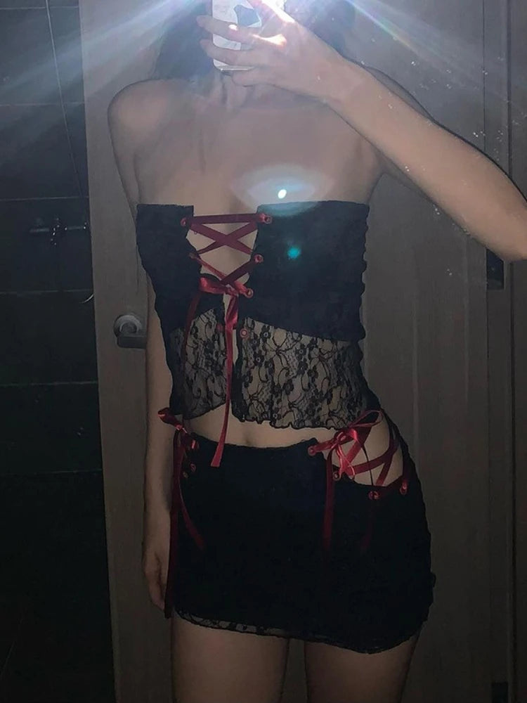Skirt Sets Black See Through Lace Mesh Outfit Y2k Two Piece Set Hollow Lace Up Tube Top Mini Skirt