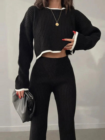 Black - Knitted Sweater Wide-leg Pants Two Piece Set