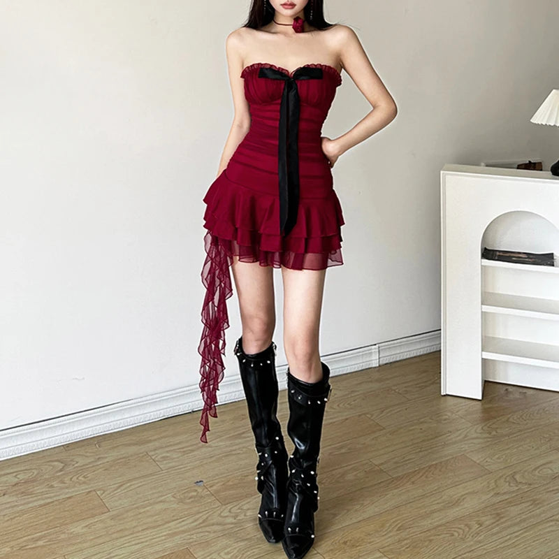 Milkmaid Tube Dress Red Contrast Color Bow Patchwork Strapless Tiered Ruffle Mini Dresses Holiday Party Robe