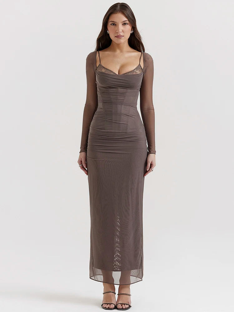 Sheer Long Sleeve Maxi Dress for Mesh Strapless Backless Club Party Long Dress New