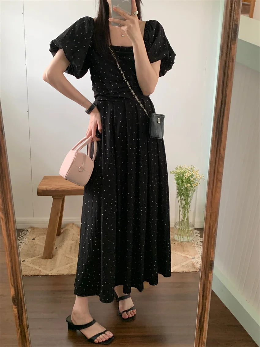 Summer New Polka Dots Maxi Dress Daily Sweet Short Puff Sleeve Office Lady Gentle Vacation