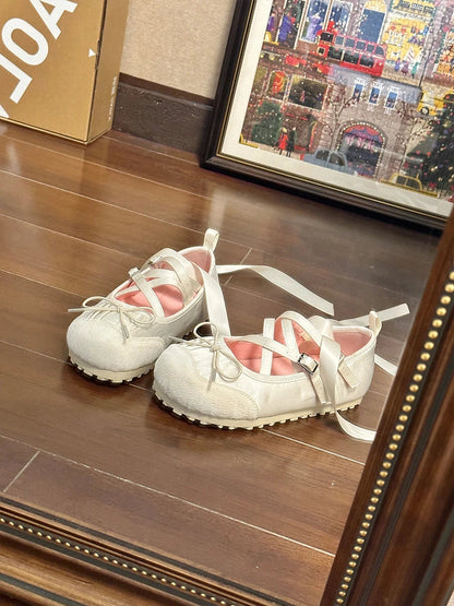 Ballet Flats Round Toe Lace Up Black Pink White Bow Designer Shoes Sandals Ballerinas Mary Jane Shoes for