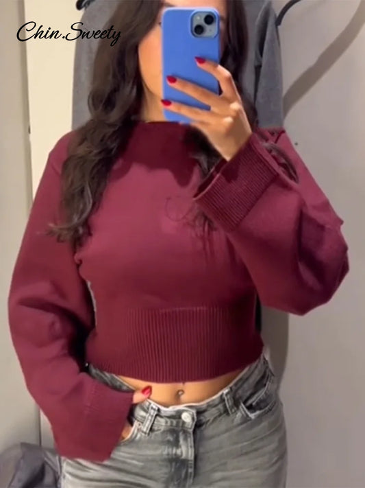 O-neck Cropped Sweater Pullover for Long Sleeved Loose Jumper Female Spring Lady High