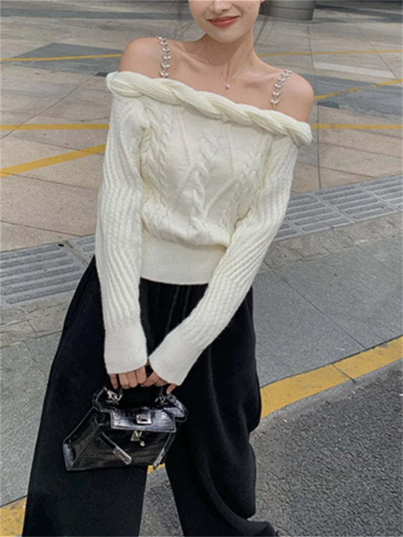 Knitted Slash Neck Sweaters Daily Knitted Pullovers Daily Sweet Off Shoulders Spring