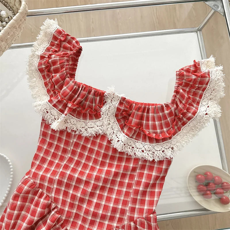 Sweet Gentle Dresses Waist Slimming Plaid Long Dress Vestidos Summer New French Design Slimming Skirt