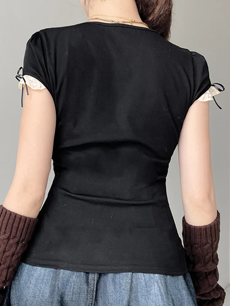 Sweet Y2k Contrast Lace Patchwork Square Collar Black T-shirt Short Sleeve Basic Balletcore Summer Tops