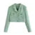 Retro French Style Green Check Plaid Weavon Cropped Blazer Notched Metal Buckle Buttons High Waist Suit Short Coat Outwear