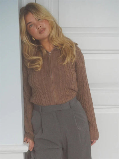Knit Sweater Cardigan for Patchwork Winter Long Sleeve Lapel Zipper Outwear Knitwear Female New