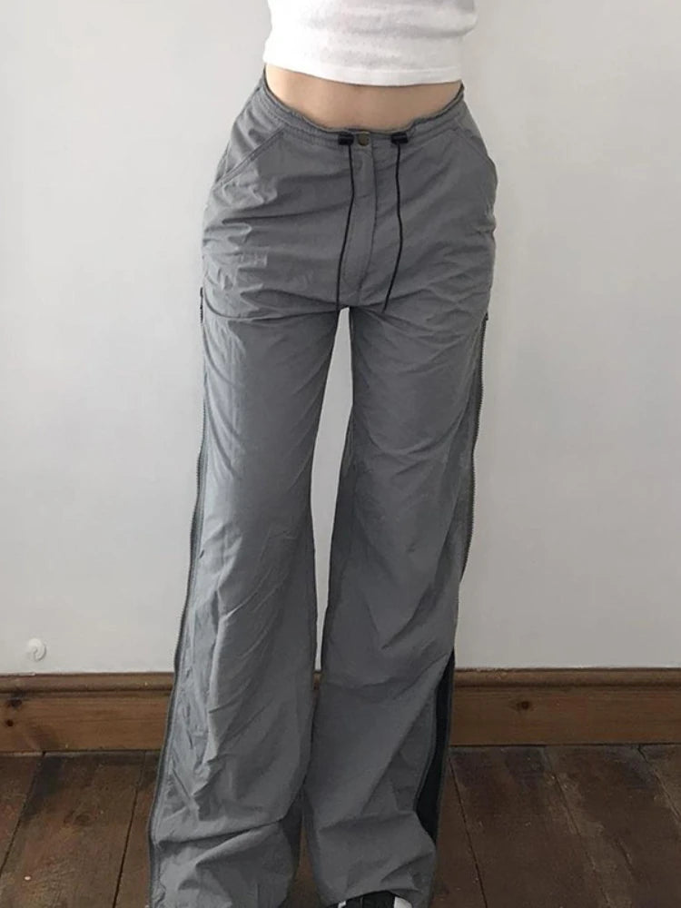 Split Zipper Drawstring Contrast Pants Harajuku Wide Legs Streetpants Autumn High Waist Straight Pants