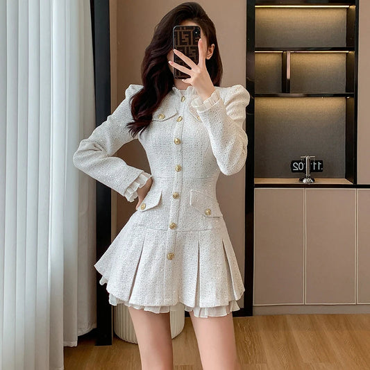 New Tweed Pleated Mini Dress Autumn Long Sleeve Korean Style Single Breasted Ruffle Office Lady Dresses