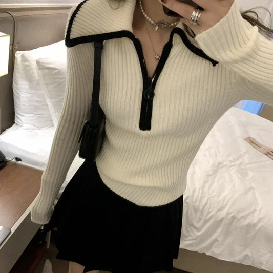 Zipper Slim Knit Longsleeved Sweater Autumn New Turn Down Collar Contrast Color Patchwork Tops