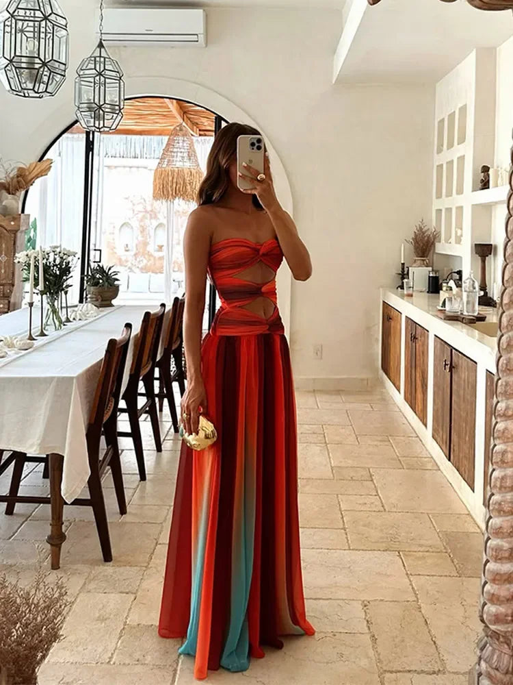 Gradient Hollow Pleated Maxi Dress