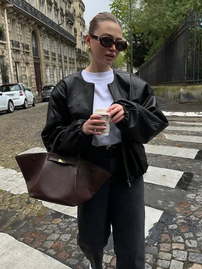 Zipper Round Neck Faux Leather Jacke Long Sleeved Color Coat Autumn New Lady Commuting Outerwear