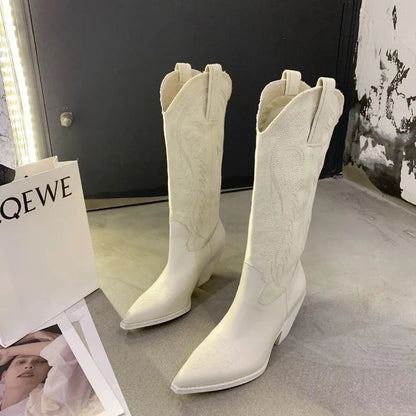 Winter New Western Cowboy Boots Pointed Toe High Heel Shoes Embroidery Chelsea Boots Zapatos Mujer
