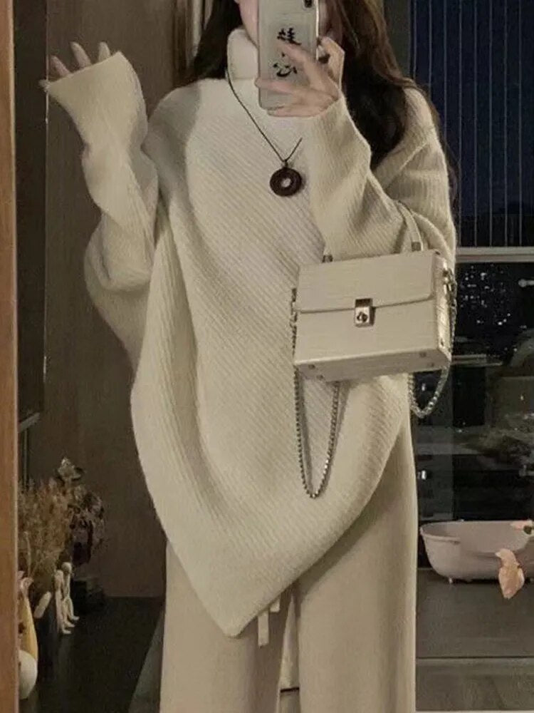 Winter Turtlenecks Korean Irregular Knitted Sweater Female Warm Color Pullovers Lady Loose Long Sleeve Jumper Fc8510