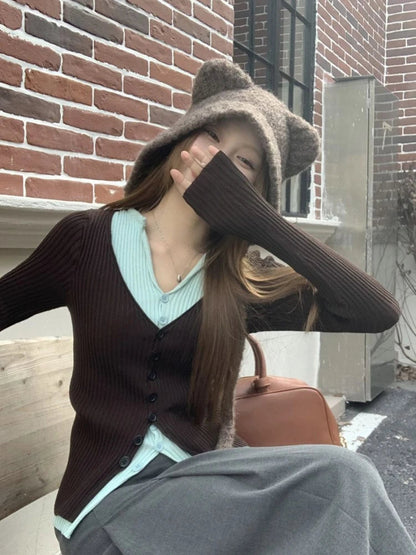 Y2k Brown and Mint Green Fake Two Pieces Knitwear Slim Button Up Cardigan Autumn Winter Ribbed Sweater Korean
