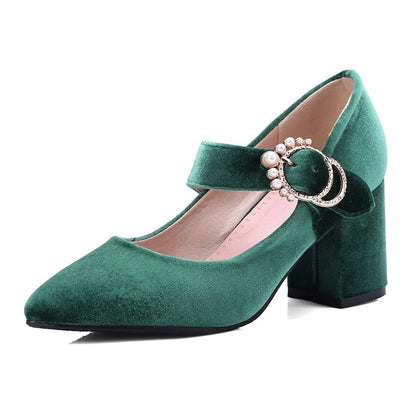 Velvet Mary Jane Shoes Pearls Buckle Highheeled Velour Green Burgundy Pumps Office Banquet Party Dress Shoes 3343