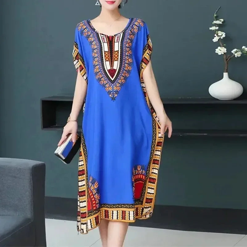 National Style Leisure Holiday Beach Printed Poker Indonesia O-neck Loose Midi Dress Pajamas Loungewear Woman