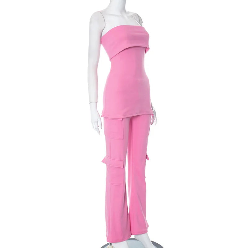 Velvet Street Two Piece Pant Set Strapless Crop Top Pocket Flare Pant Female 2 Piece Outfit New in Matching Set