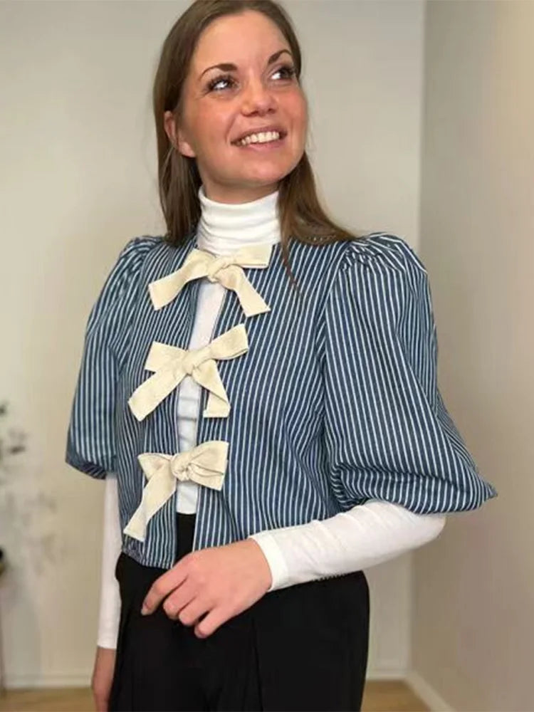 Summer Stripes Shirts for Woman Round Neck Short Sleeves Bow Laceup Tops Female Blouses