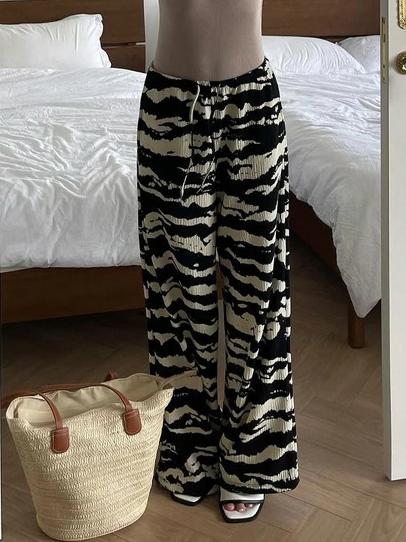 Zebra Stripe Knitted Straight Pants Drawstring Elastic Waist Loose Baggy Trousers Vacation Outfits
