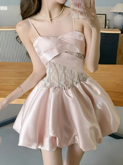 New Spring Summer Satin Mini Dress Spaghetti Strap Party Birthday Sweet Clothes Female Vestidos