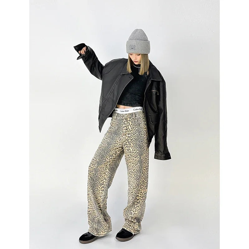 American Retro High Street Overalls Leopard Print Loose Wide Leg Pants for Y2k Hiphop Cargo Grunge Baggy Trousers