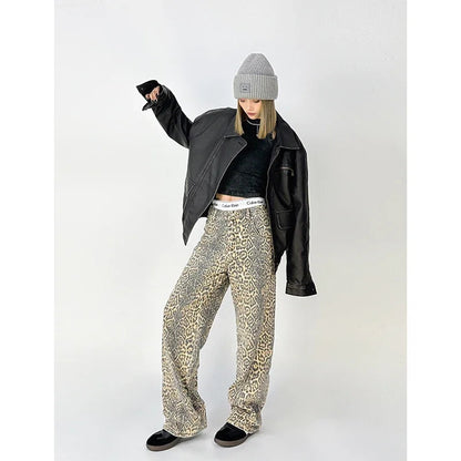 American Retro High Street Overalls Leopard Print Loose Wide Leg Pants for Y2k Hiphop Cargo Grunge Baggy Trousers