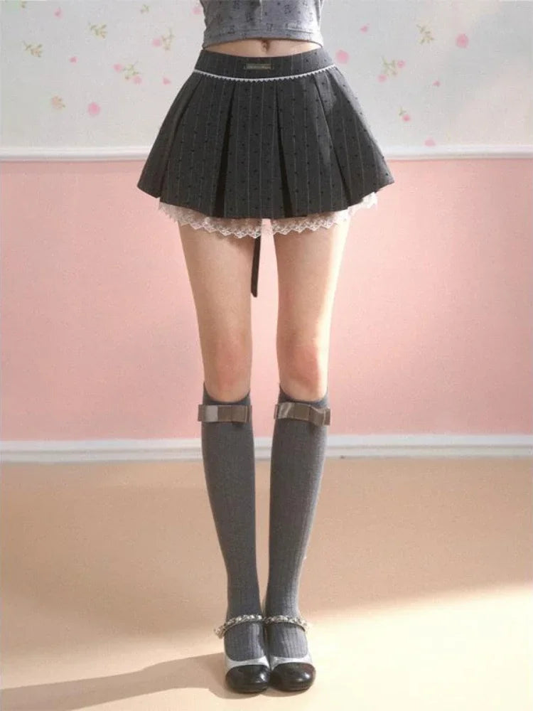 Gray Dot Pleated Skirt Bow Lace Patchwork Summer Mini Skirt Hotsweet Y2k Girl Lolita Style Cutecore Skirt