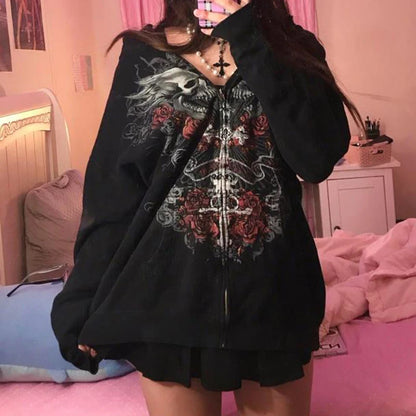 Indie Grunge Graphic Print Zip Up Hoodie Y2k Clothes Harajuku Grunge Baggy Sweatshirt Korean Kawaii Goth Mall Emo Jacket