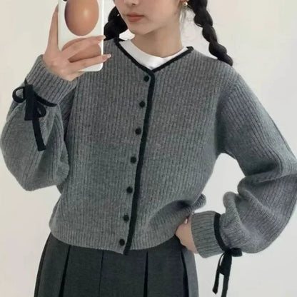 French Style Cardigan Autumn Winter Sweet Bow Knitted Sweater Coat Knitwear Simple Clothes