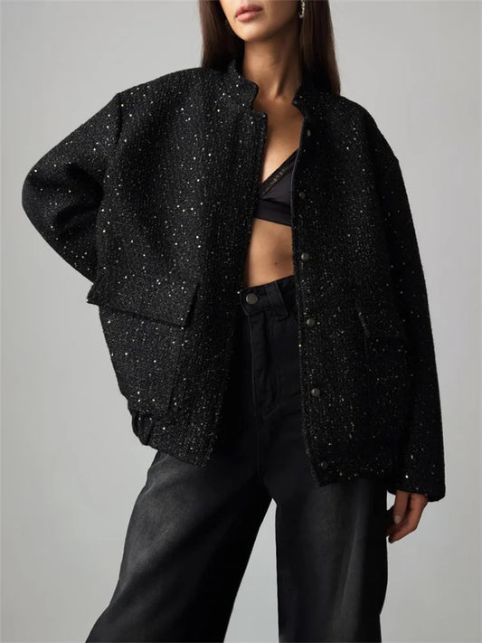 Black Sequin Outwear Female Loose Patchwork High Waist Long Sleeve Jacket Glitter Female Coat New