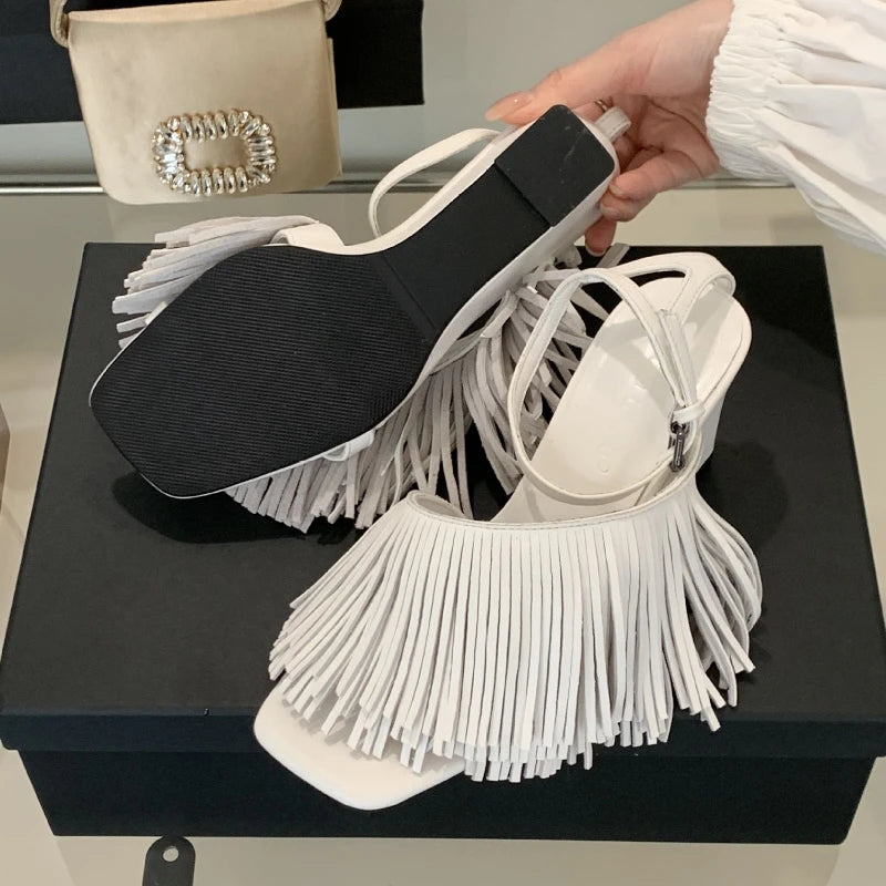 Tassels Designer Wedge Sandals Open Toe Summer New Ankle Strap High Heels Female Dress Shoes Pumps
