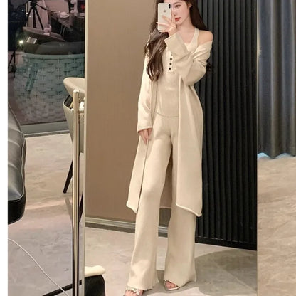 Autumn Winter New Knitted 3-piece Set Halter Vest Long Cardigan Long Pants Korean Female Outfits