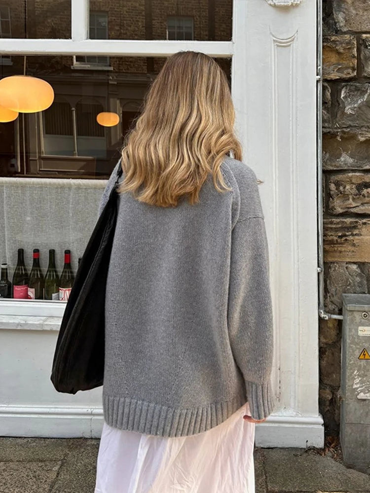 Knitted O-neck Sweaters Retro Reluctant Workaholic Pullover Sweater Female Autumn Simple Street Knitwear