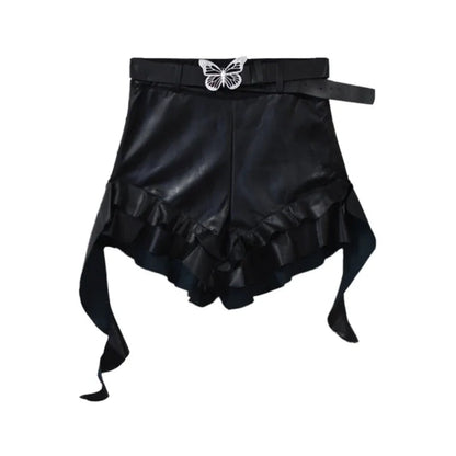 American Retro Ruffles Black Faux Leather Shorts Spring New High Waist Slim All Match Shorts