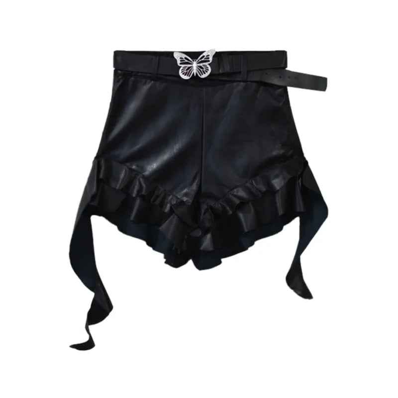 American Retro Ruffles Black Faux Leather Shorts Spring New High Waist Slim All Match Shorts