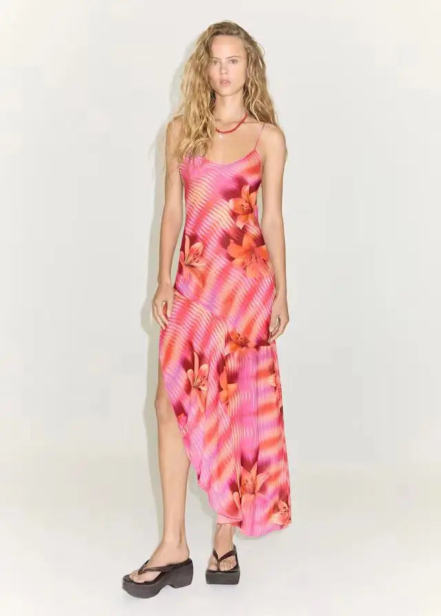 Flower Printed V Neck Beach Midi Dress