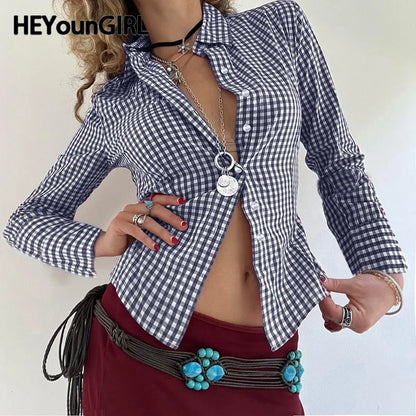 Y2k Turn-down Collar T-shirt Button Up Long Sleeve Slim Tee Outfits Autumn Top
