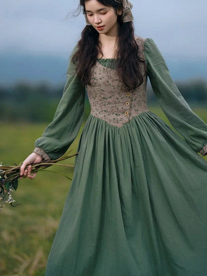 Autumn Long Dresses for Country Style Mori Slim Long Sleeve Fake Twopiece Dress Robe