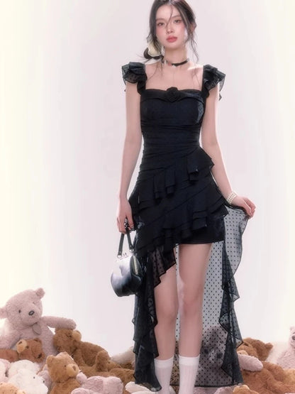 Y2k Irregular Ruffles Midi Dresses for Sleeveless Birthday Party Dress Prom Robe Korean Summer New One Piece Vestido