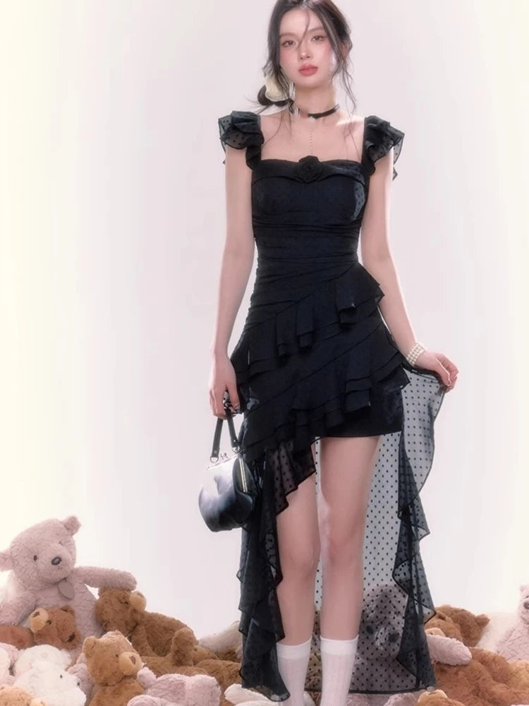 Y2k Irregular Ruffles Midi Dresses for Sleeveless Birthday Party Dress Prom Robe Korean Summer New One Piece Vestido