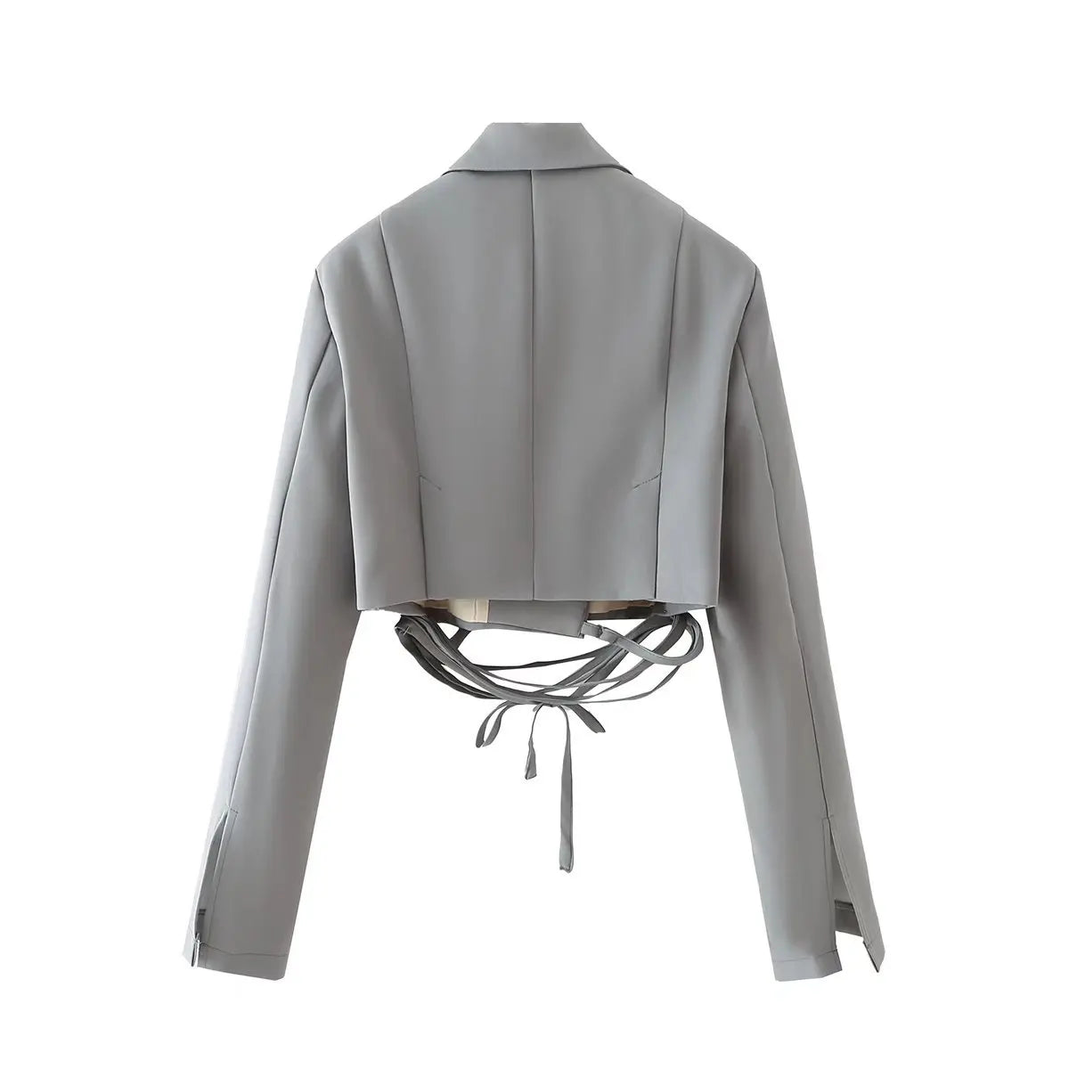 Gray Double Layer Bandage Slim Blazer Desigual Long Sleeve Pocket Short Jacket Female Outwear Crop Tops