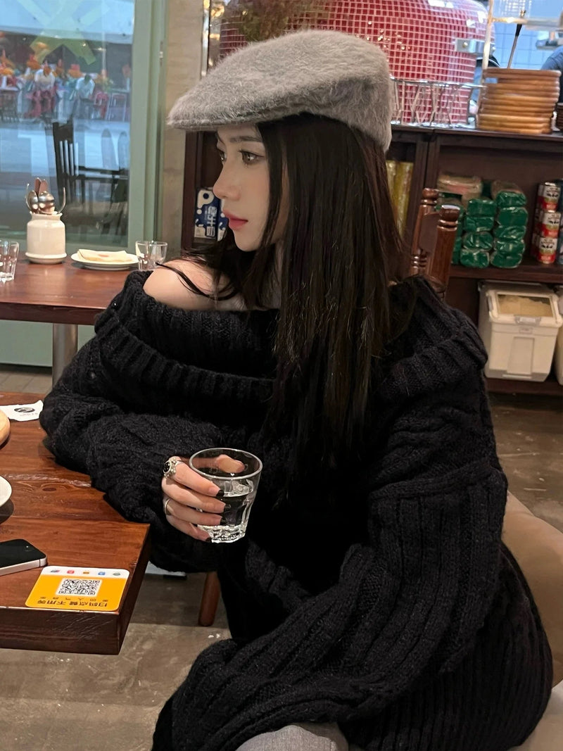 Sweet Hot Girl Loose Slash Neck Twist Sweater Retro Longsleeved Knitted Pullover Female Clothes