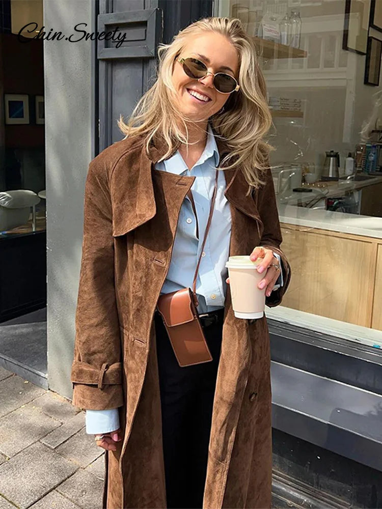 Suede Long Trench Coat Belt Double Breasted Full Sleeve Brown Windbreaker Autumn Lady Street Outwears New