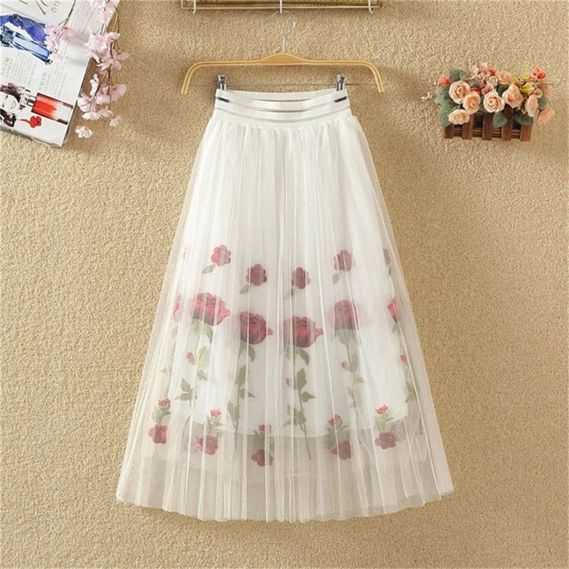 Elastic High Waist Midlong Aline Pleated Skirts New Summer Rose Embroidery Mesh Skirt